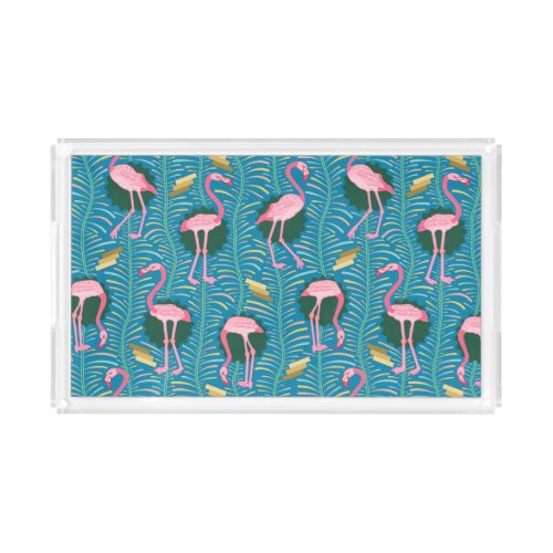 Flamingo Birds 20s Deco Ferns Pattern Blue Gold Acrylic Tray