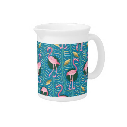 Flamingo Birds 20s Deco Ferns Pattern Blue Gold Beverage Pitcher