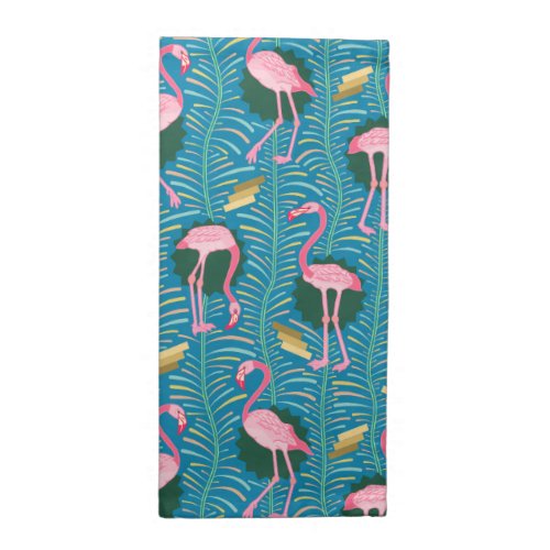 Flamingo Birds 20s Deco Ferns Pattern Blue Gold Cloth Napkin