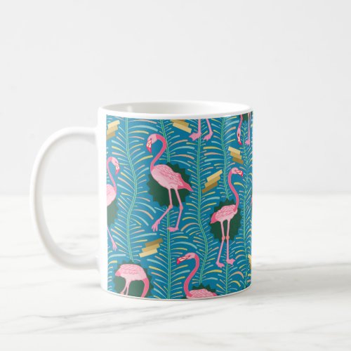 Flamingo Birds 20s Deco Ferns Pattern Blue Gold Coffee Mug