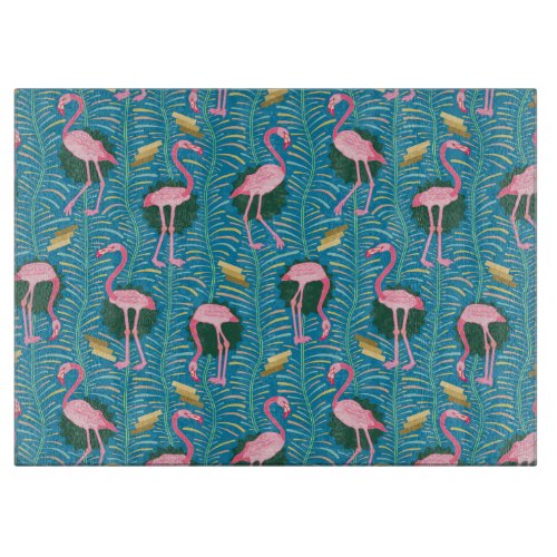 Flamingo Birds 20s Deco Ferns Pattern Blue Gold Cutting Board