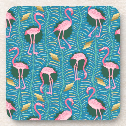 Flamingo Birds 20s Deco Ferns Pattern Blue Gold Drink Coaster