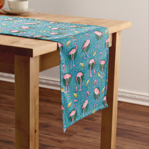 Flamingo Birds 20s Deco Ferns Pattern Blue Gold Medium Table Runner