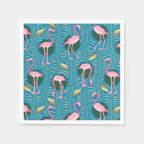 Flamingo Birds 20s Deco Ferns Pattern Blue Gold Napkins