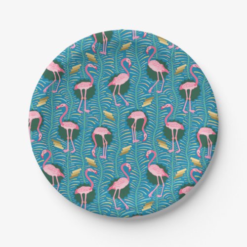 Flamingo Birds 20s Deco Ferns Pattern Blue Gold Paper Plates