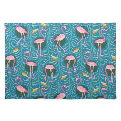 Flamingo Birds 20s Deco Ferns Pattern Blue Gold Placemat