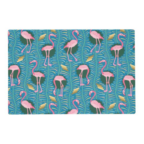 Flamingo Birds 20s Deco Ferns Pattern Blue Gold Placemat