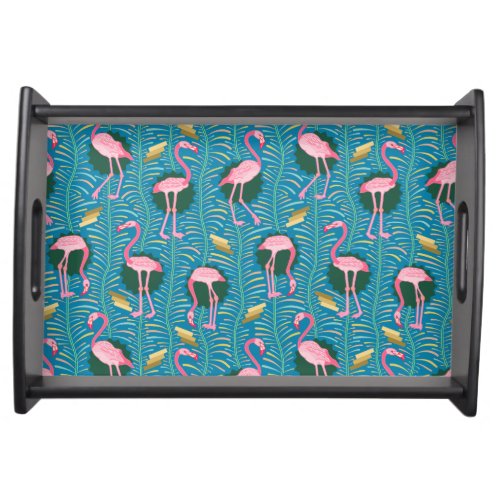 Flamingo Birds 20s Deco Ferns Pattern Blue Gold Serving Tray