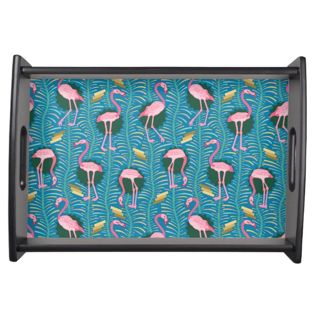 Flamingo Birds 20s Deco Ferns Pattern Blue Gold Serving Tray (Front)