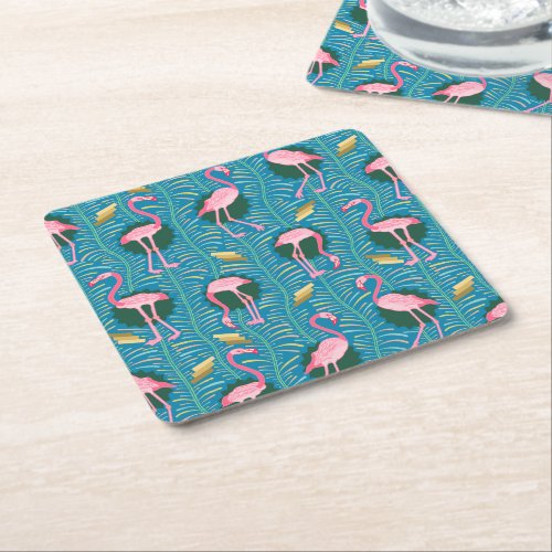 Flamingo Birds 20s Deco Ferns Pattern Blue Gold Square Paper Coaster