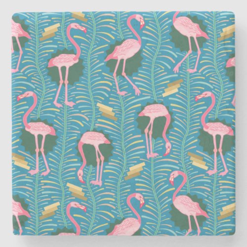 Flamingo Birds 20s Deco Ferns Pattern Blue Gold Stone Coaster