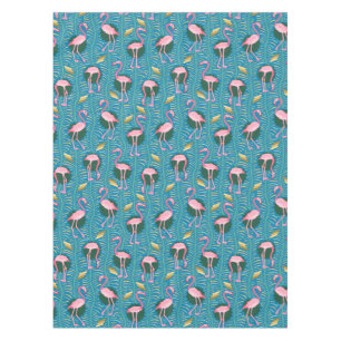 Flamingo Birds 20s Deco Ferns Pattern Blue Gold Tablecloth