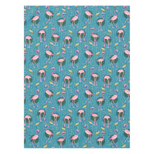Flamingo Birds 20s Deco Ferns Pattern Blue Gold Tablecloth