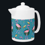 Flamingo Birds 20s Deco Ferns Pattern Blue Gold Teapot<br><div class="desc">This elegant flamingo bird pattern decorative design is made in a retro 20s Art Deco style. The bright pink flamingos rest against a background that includes fern fronds in bold colors and geometric rectangular shapes in shades of gold, all on a backdrop of vintage blue. This original, stylized design is...</div>