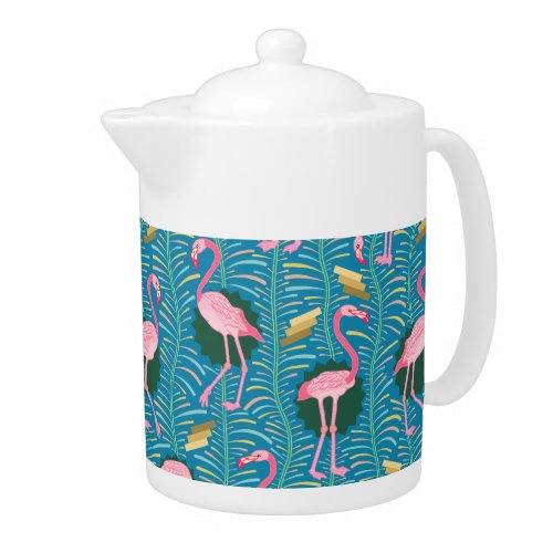 Flamingo Birds 20s Deco Ferns Pattern Blue Gold Teapot