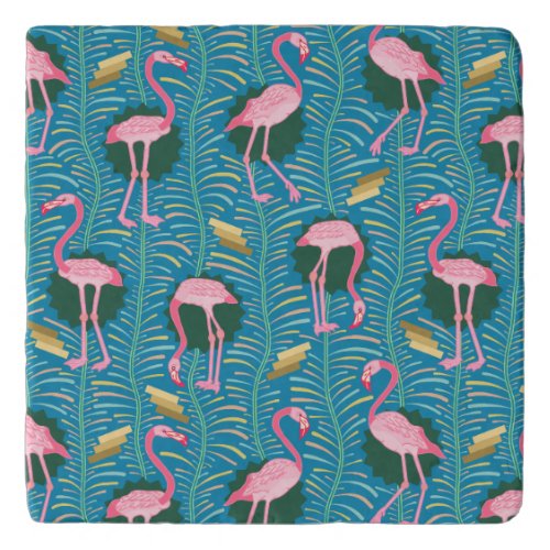 Flamingo Birds 20s Deco Ferns Pattern Blue Gold Trivet