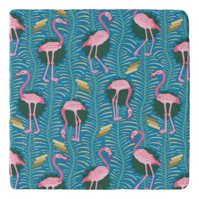 Flamingo Birds 20s Deco Ferns Pattern Blue Gold Trivet (Front)