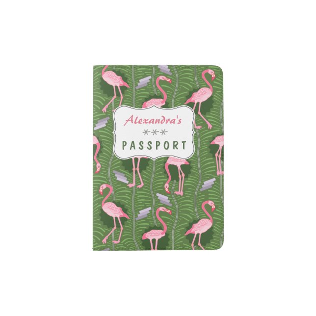 Flamingo Birds 20s Deco Ferns Pattern Green Custom Passport Holder (Front)
