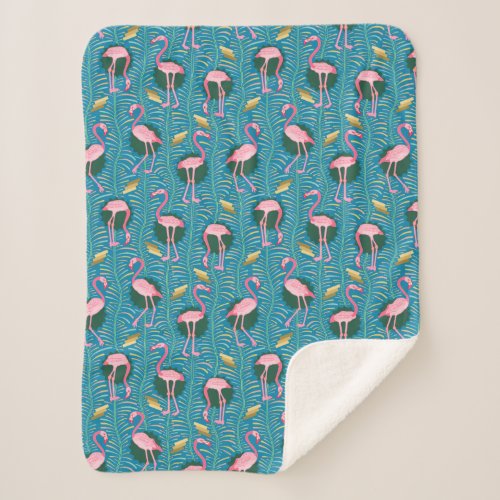 Flamingo Birds 20s Deco Ferns Pattern Pink Teal Sherpa Blanket