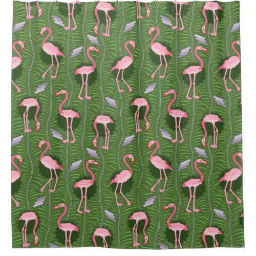 Flamingo Birds 20s Deco Green Ferns Tropical Retro Shower Curtain