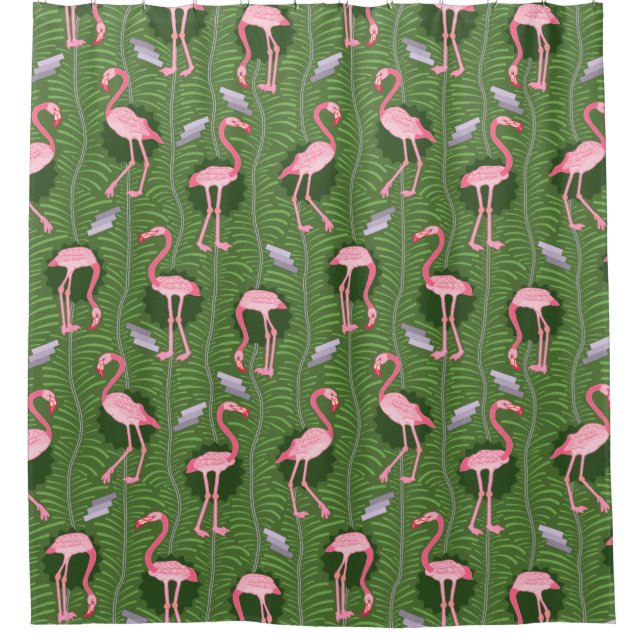 Flamingo Birds 20s Deco Green Ferns Tropical Retro Shower Curtain (Front)