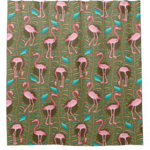 Flamingo Birds 20s Deco Green Ferns Tropical Retro Shower Curtain