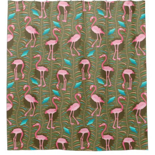 Flamingo Birds 20s Deco Green Ferns Tropical Retro Shower Curtain