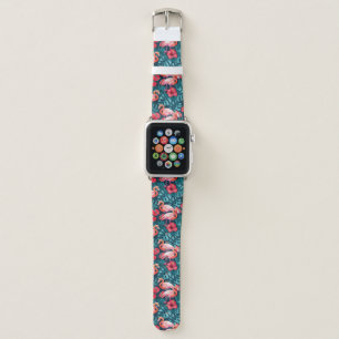 Flamingo birds and tropical garden watercolor apple watch band