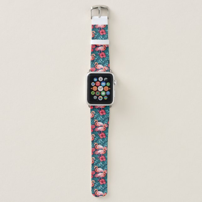 Flamingo birds and tropical garden watercolor apple watch band (Front)