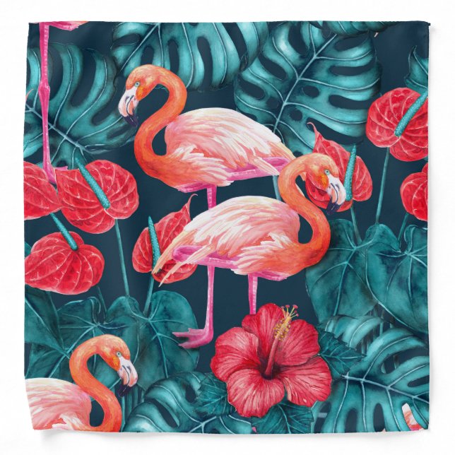 Flamingo birds and tropical garden watercolor bandana (Front)