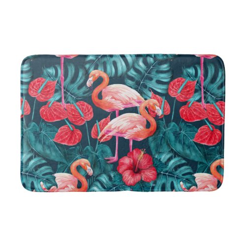 Flamingo birds and tropical garden watercolor bath mat