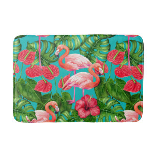 Flamingo birds and tropical garden watercolor bath mat