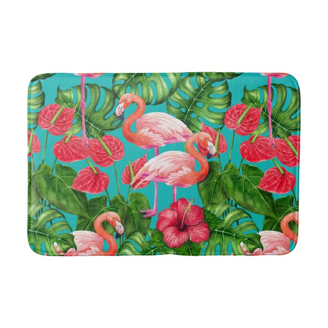 Flamingo birds and tropical garden watercolor bath mat (Front)