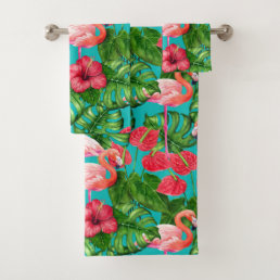Flamingo birds and tropical garden watercolor bath towel set