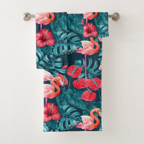 Flamingo birds and tropical garden watercolor bath towel set