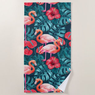Flamingo birds and tropical garden watercolor beach towel