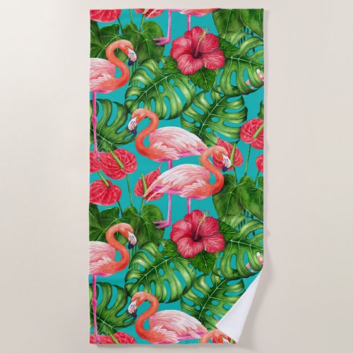 Flamingo birds and tropical garden watercolor beach towel