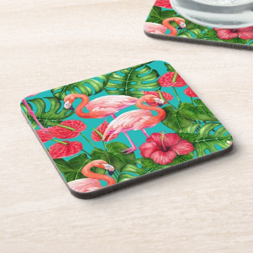 Flamingo birds and tropical garden watercolor beverage coaster