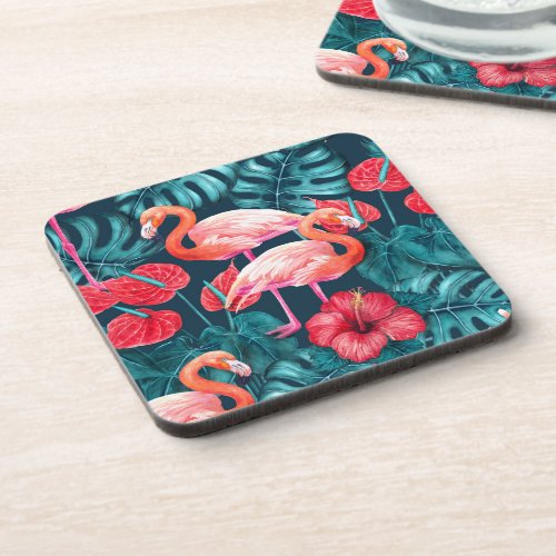 Flamingo birds and tropical garden watercolor beverage coaster