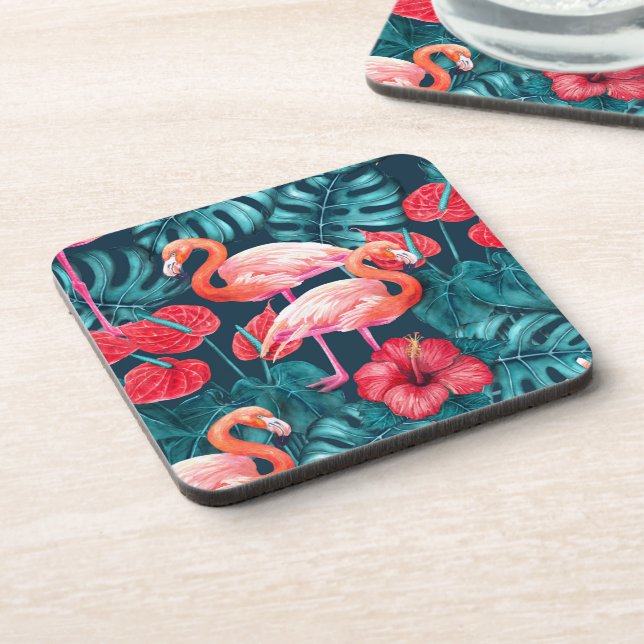 Flamingo birds and tropical garden watercolor beverage coaster (Left Side)