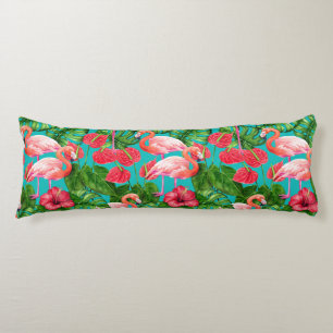 Flamingo birds and tropical garden watercolor body pillow