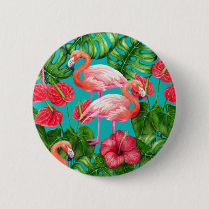 Flamingo birds and tropical garden watercolor button