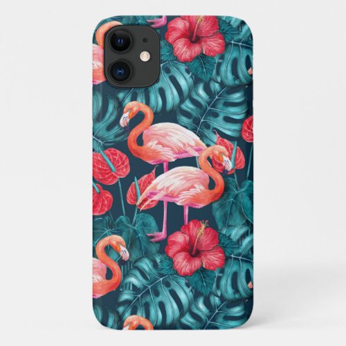 Flamingo birds and tropical garden watercolor iPhone 11 case