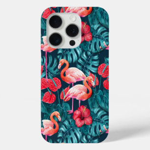Flamingo birds and tropical garden watercolor iPhone 15 pro case