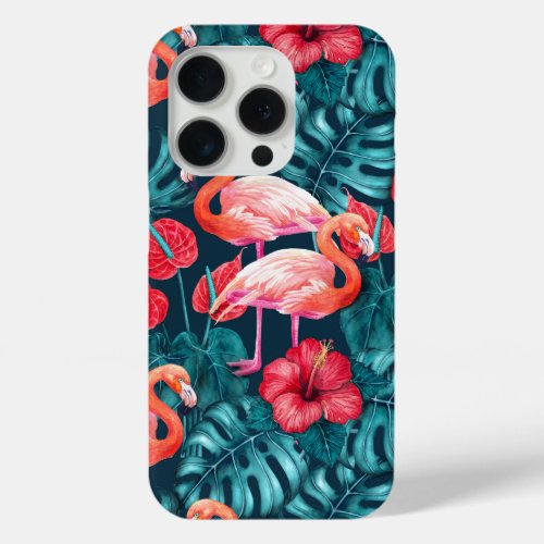 Flamingo birds and tropical garden watercolor iPhone 15 pro case