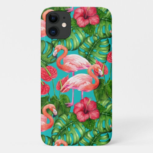 Flamingo birds and tropical garden watercolor iPhone 11 case