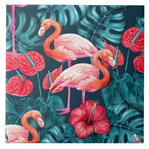 Flamingo birds and tropical garden watercolor ceramic tile