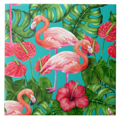 Flamingo birds and tropical garden watercolor ceramic tile