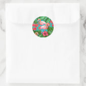Flamingo birds and tropical garden watercolor classic round sticker (Bag)