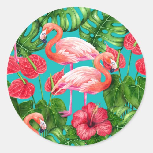 Flamingo birds and tropical garden watercolor classic round sticker